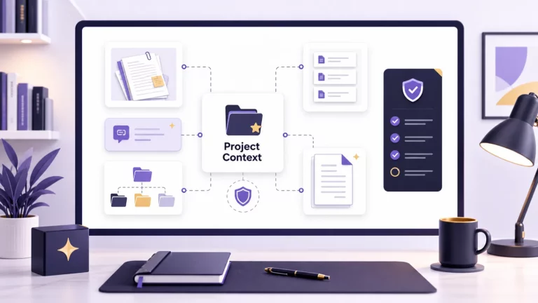 Illustration of an organized AI workflow project context file with source notes, folders, prompts, and review checklist