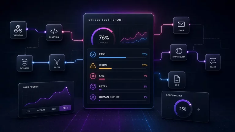 Dark workflow stress test report showing n8n-style automation nodes, retry checks, pass warn fail results, and human review status