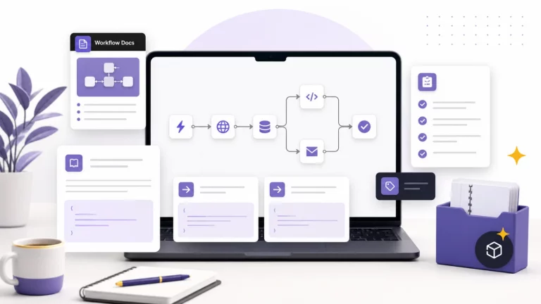 Illustration of workflow documentation cards, sample inputs, a checklist, and a reusable automation handoff
