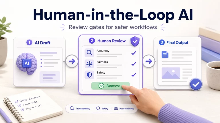 Human-in-the-loop AI workflow showing AI draft human review and final output review gates