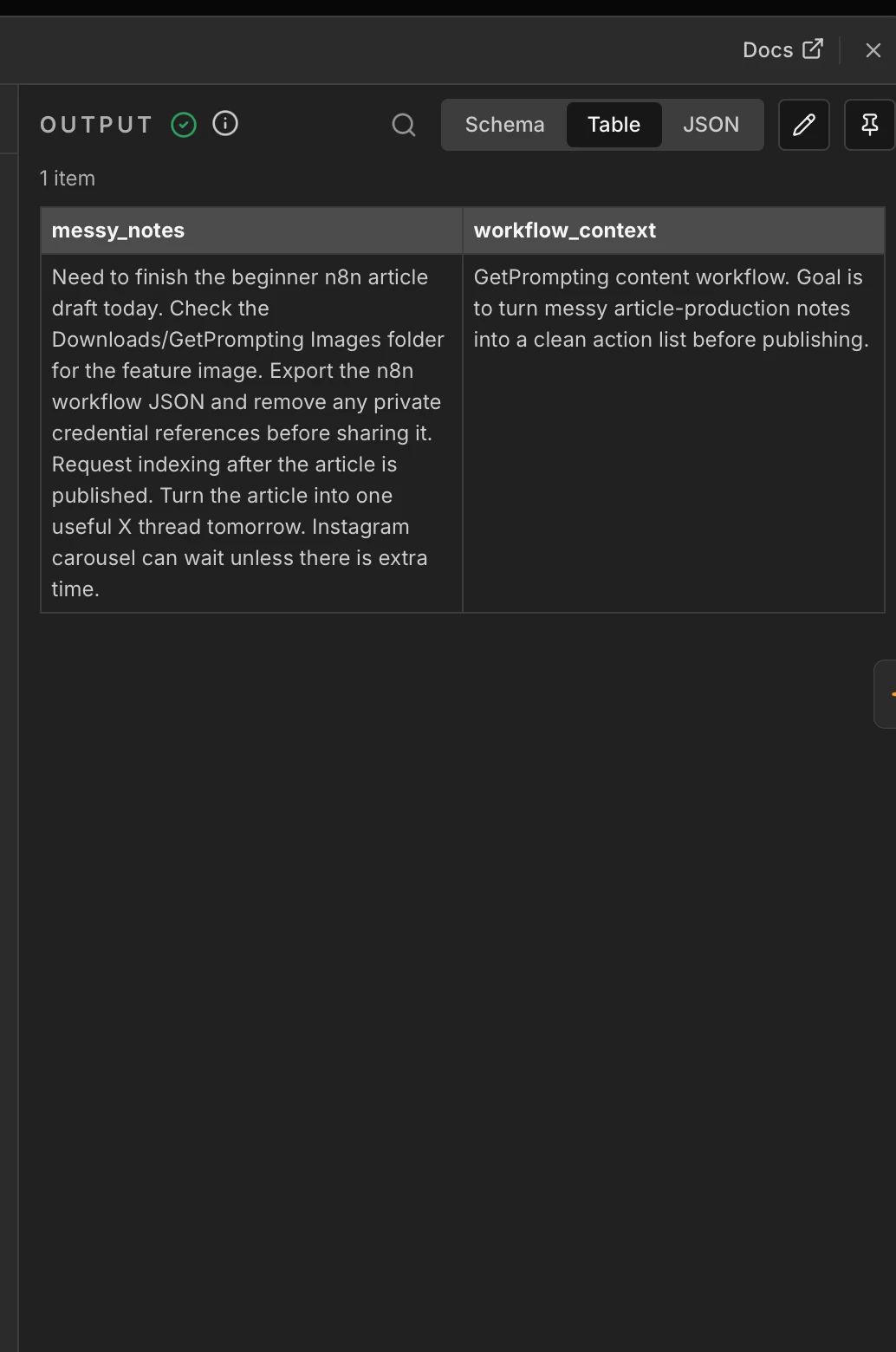 Messy notes input inside the n8n Daily Action Brief Builder workflow