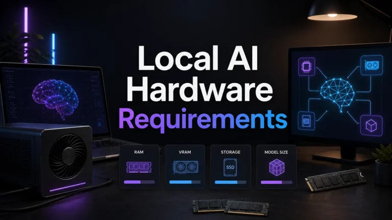 GetPrompting feature image for local AI hardware requirements showing RAM, VRAM, storage, model size, and a local AI workstation.