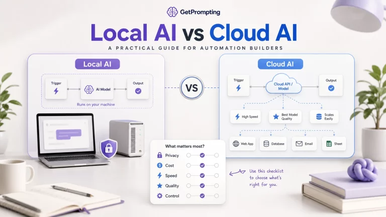Local AI and cloud AI comparison panels for choosing an automation workflow model setup