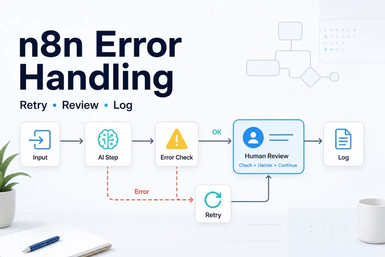 GetPrompting feature image showing an n8n AI workflow error handling path with input, AI step, error check, retry, human review, and log nodes.