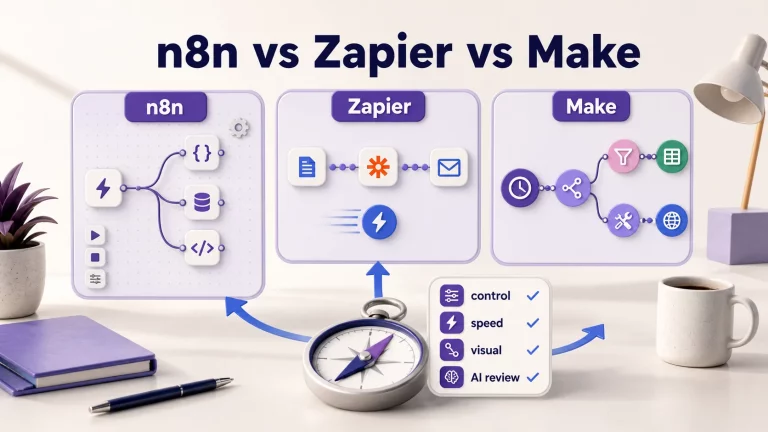 n8n Zapier and Make comparison cards for choosing an AI workflow automation platform