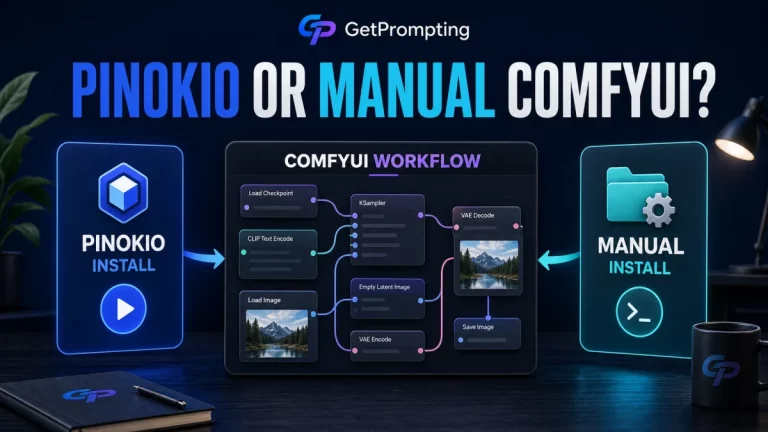 GetPrompting feature image showing Pinokio install and manual install paths leading into a ComfyUI node workflow.