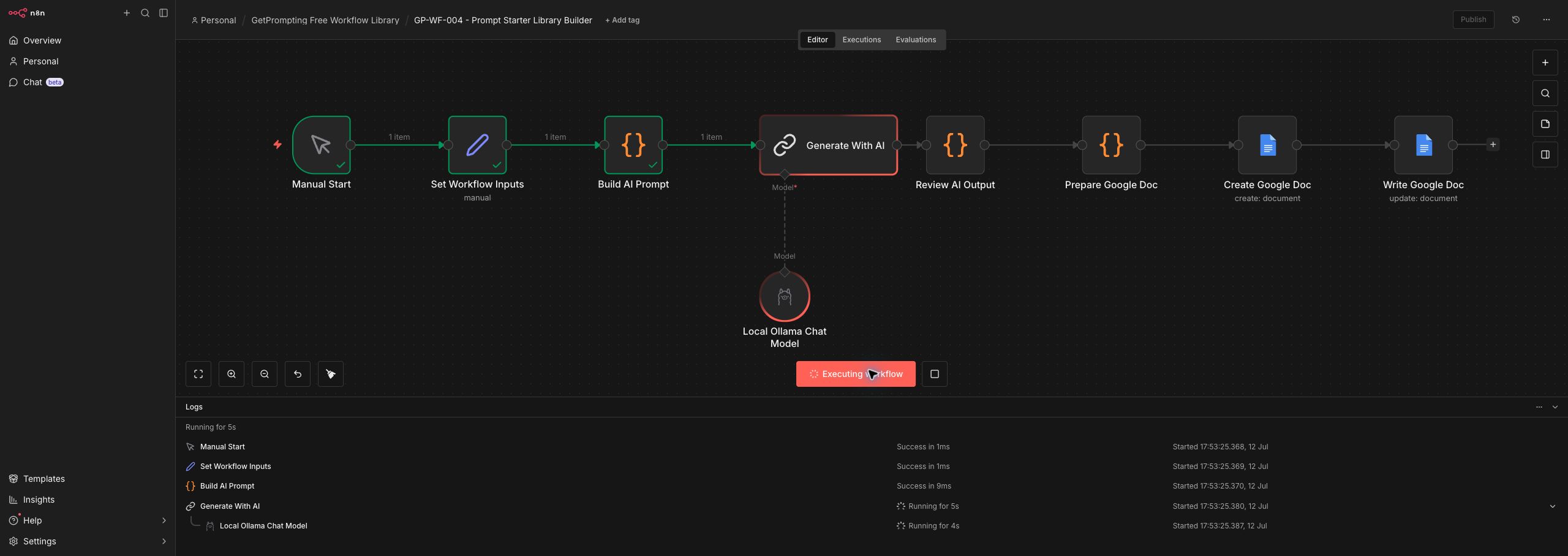Successful n8n test run for the Prompt Starter Library Builder