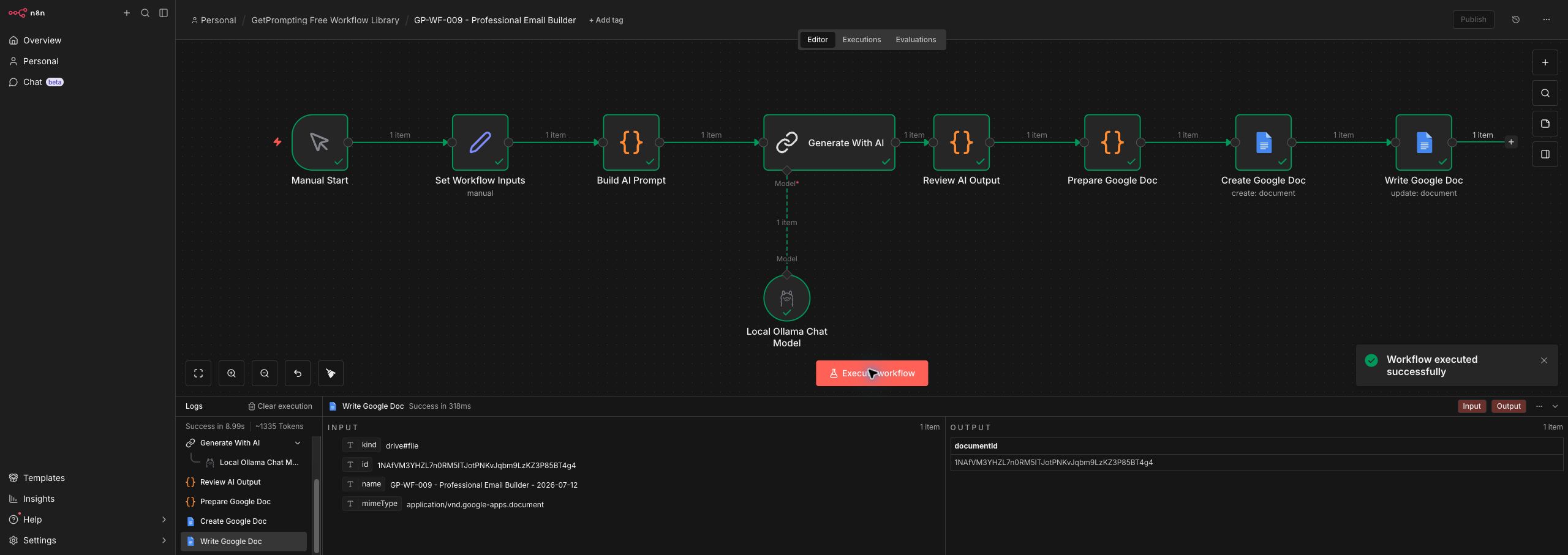 Successful n8n test run for the Professional Email Builder