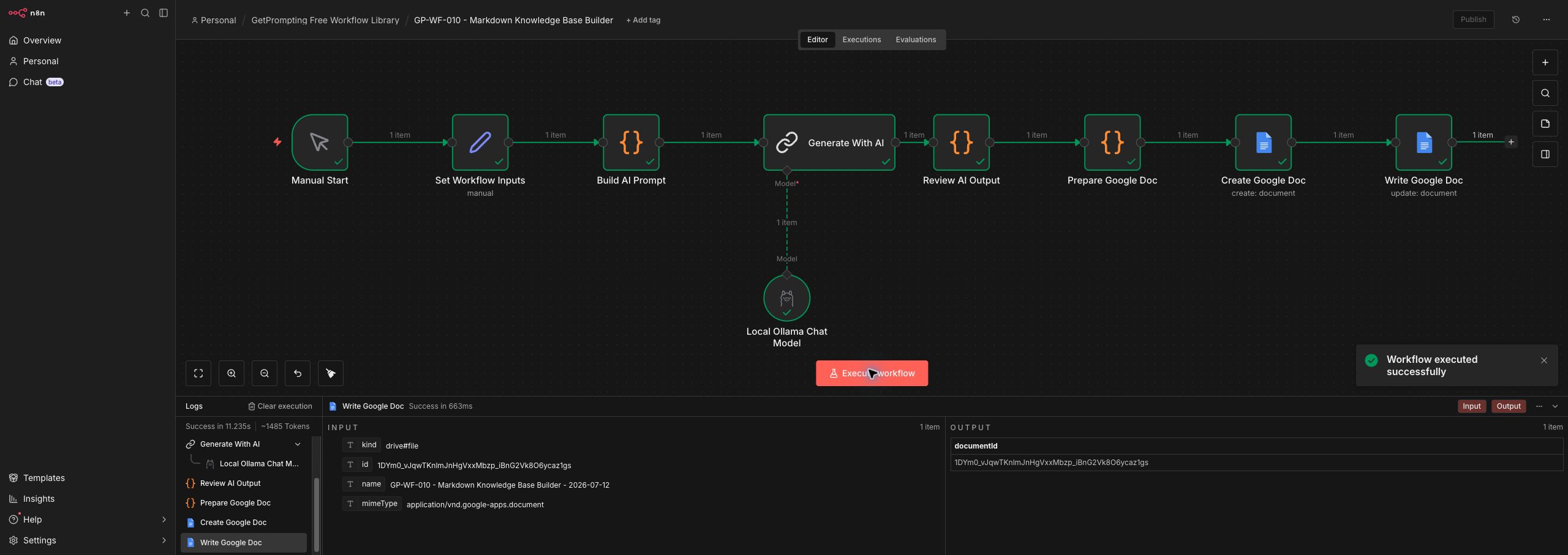 Successful n8n test run for the Markdown Knowledge Base Builder