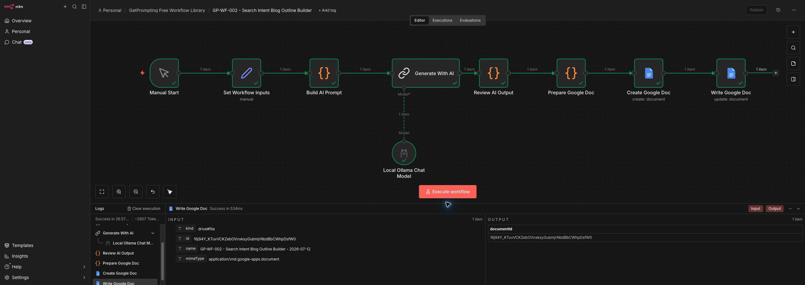 Successful n8n test run for the Search Intent Blog Outline Builder