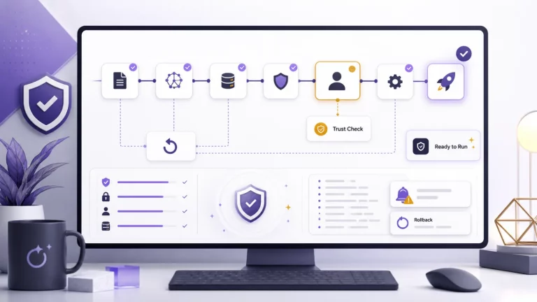 Illustration of an AI automation workflow with trust checks, review gates, logs, alerts, and rollback controls