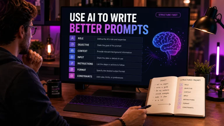 Structured AI prompt builder showing role, objective, context, input, instructions, format, and constraints