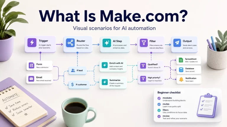 Make.com visual automation scenario showing trigger router AI step filter and output modules