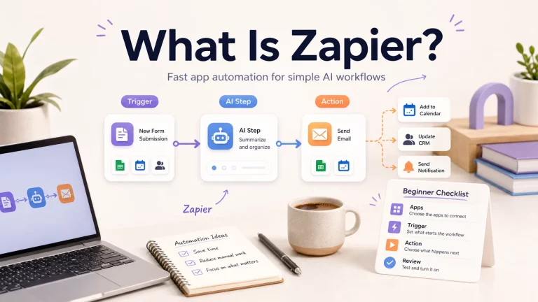 Zapier beginner automation workflow showing trigger AI step action and review checklist