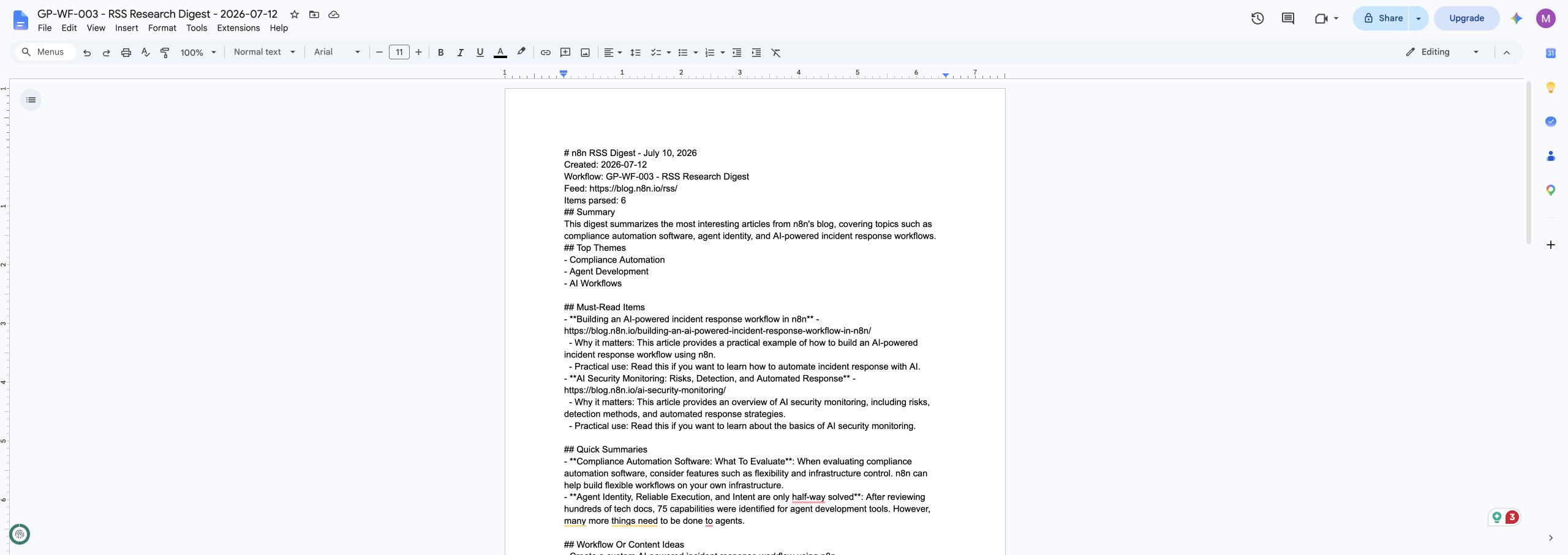 RSS Research Digest Google Docs output created by n8n