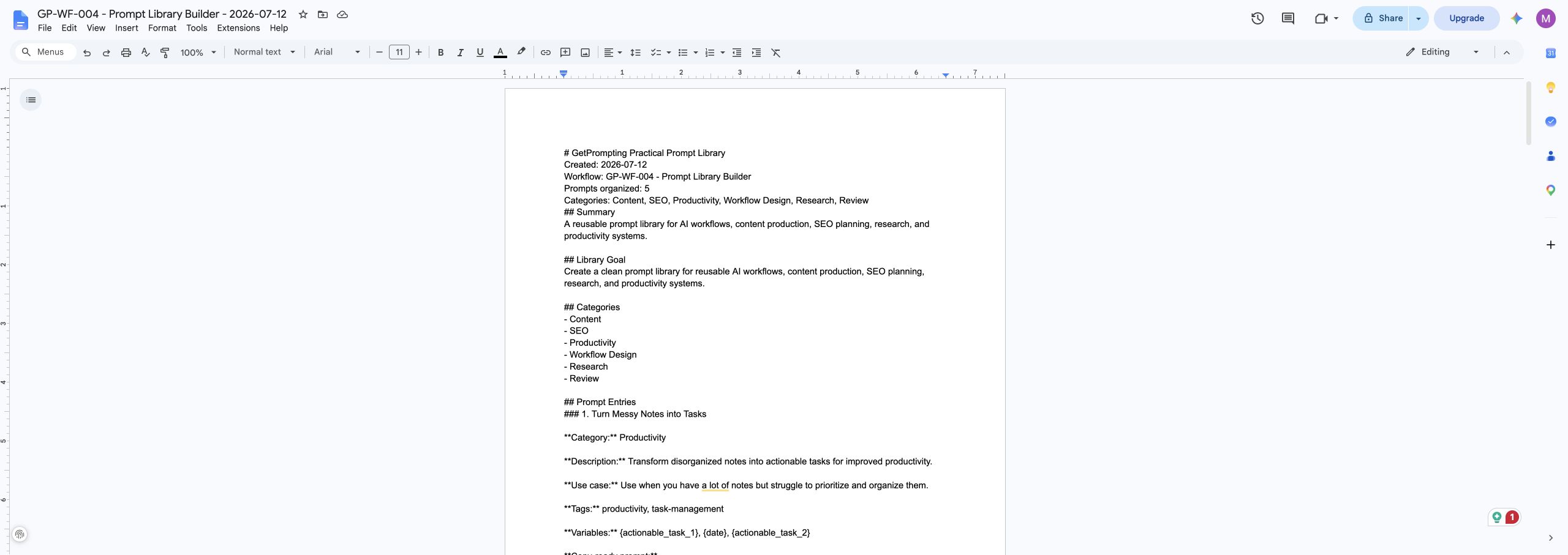 Prompt Starter Library Builder Google Docs output created by n8n