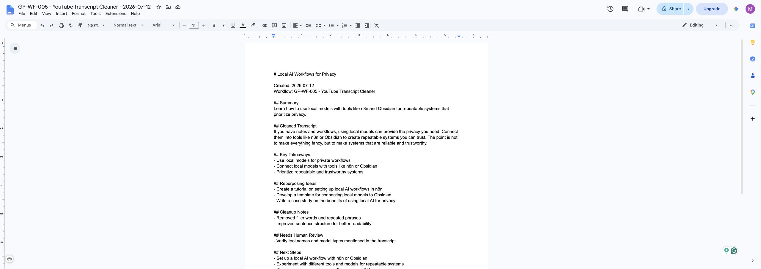 YouTube Transcript Cleaner Google Docs output created by n8n