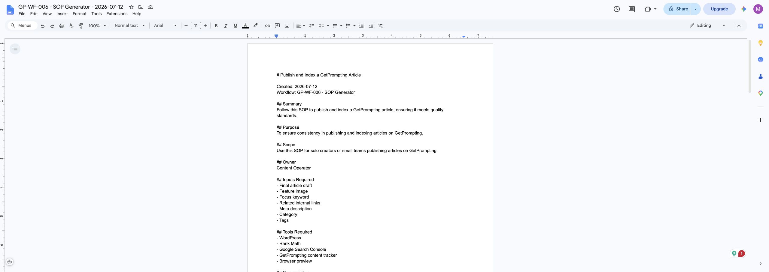 SOP Generator Google Docs output created by n8n