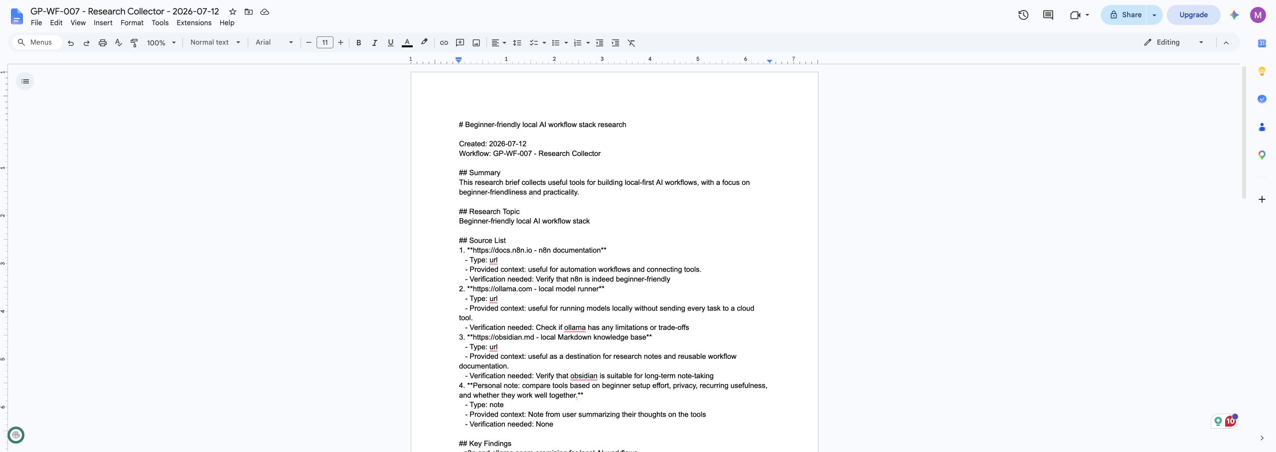Research Collector Google Docs output created by n8n