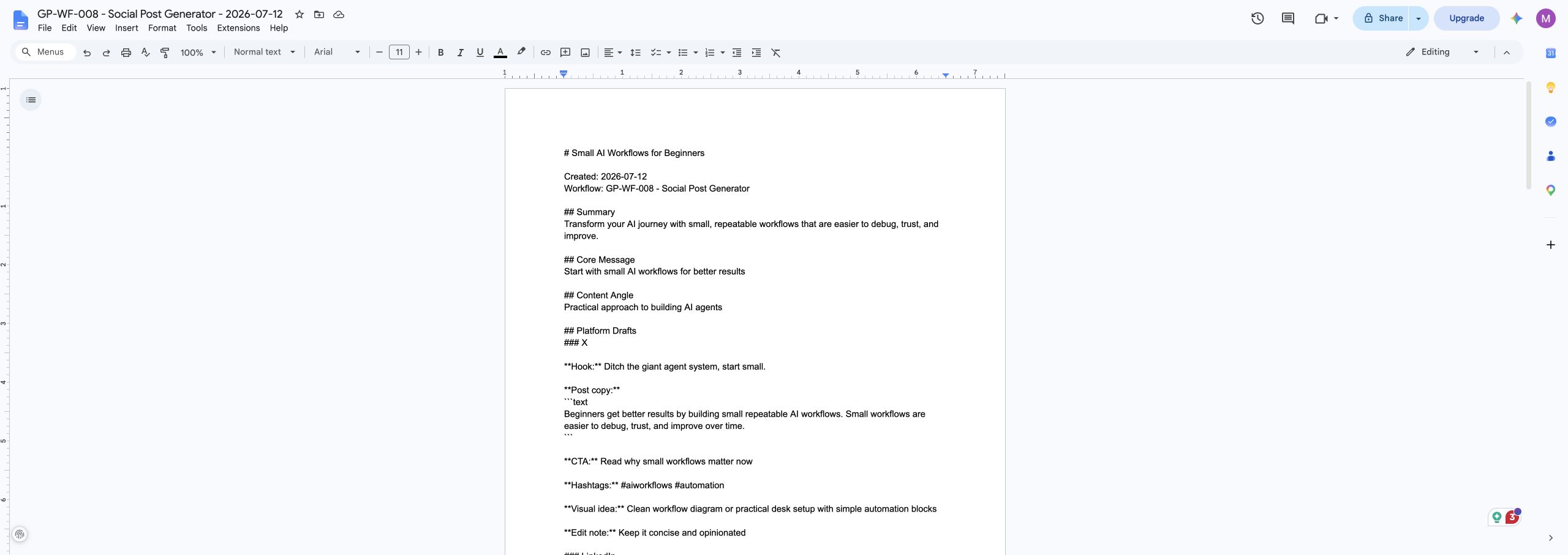 Social Post Generator Google Docs output created by n8n