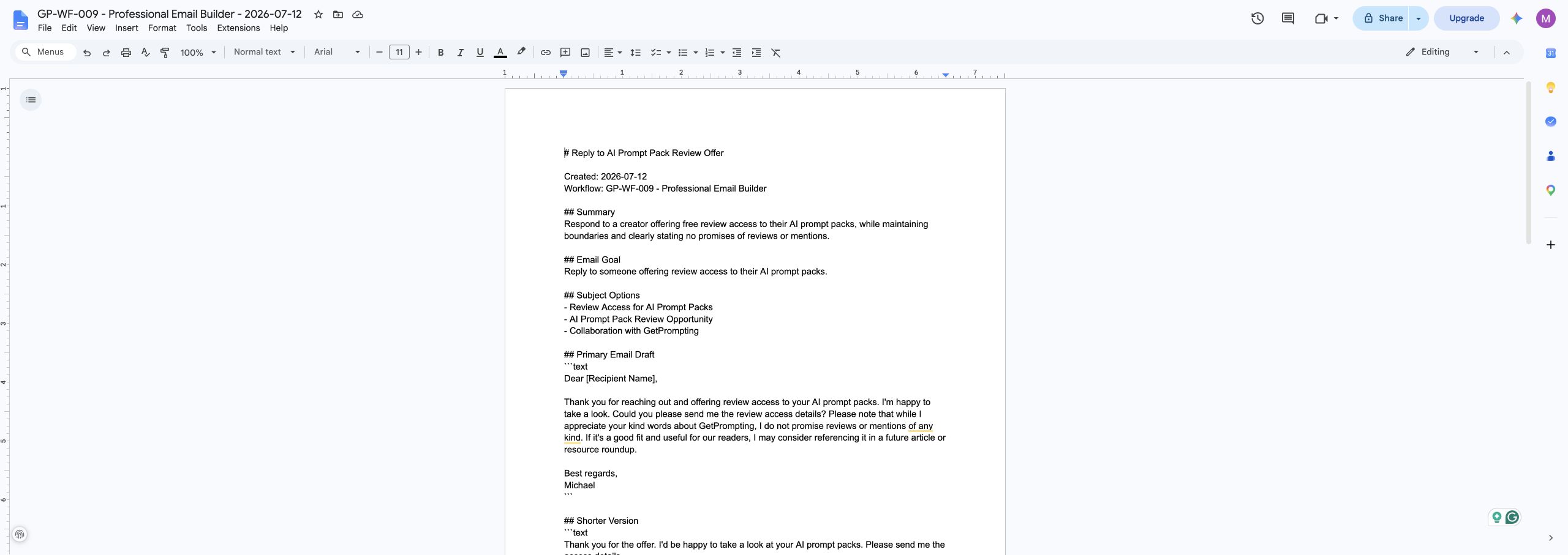 Professional Email Builder Google Docs output created by n8n