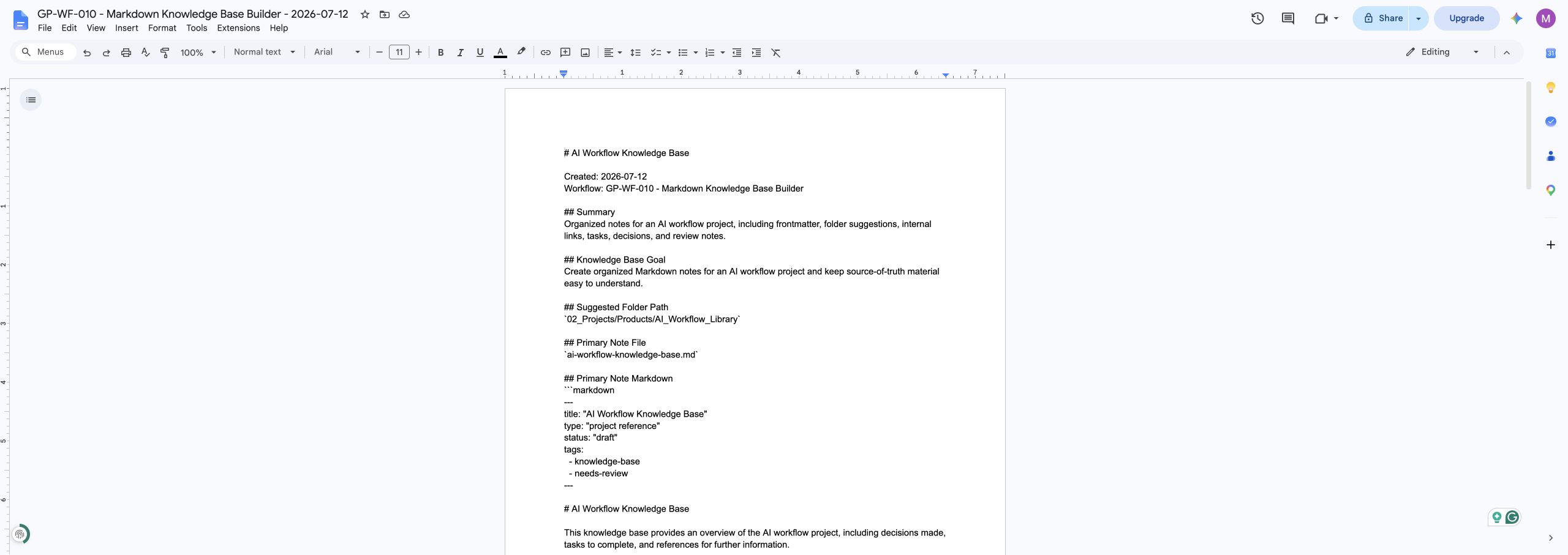 Markdown Knowledge Base Builder Google Docs output created by n8n