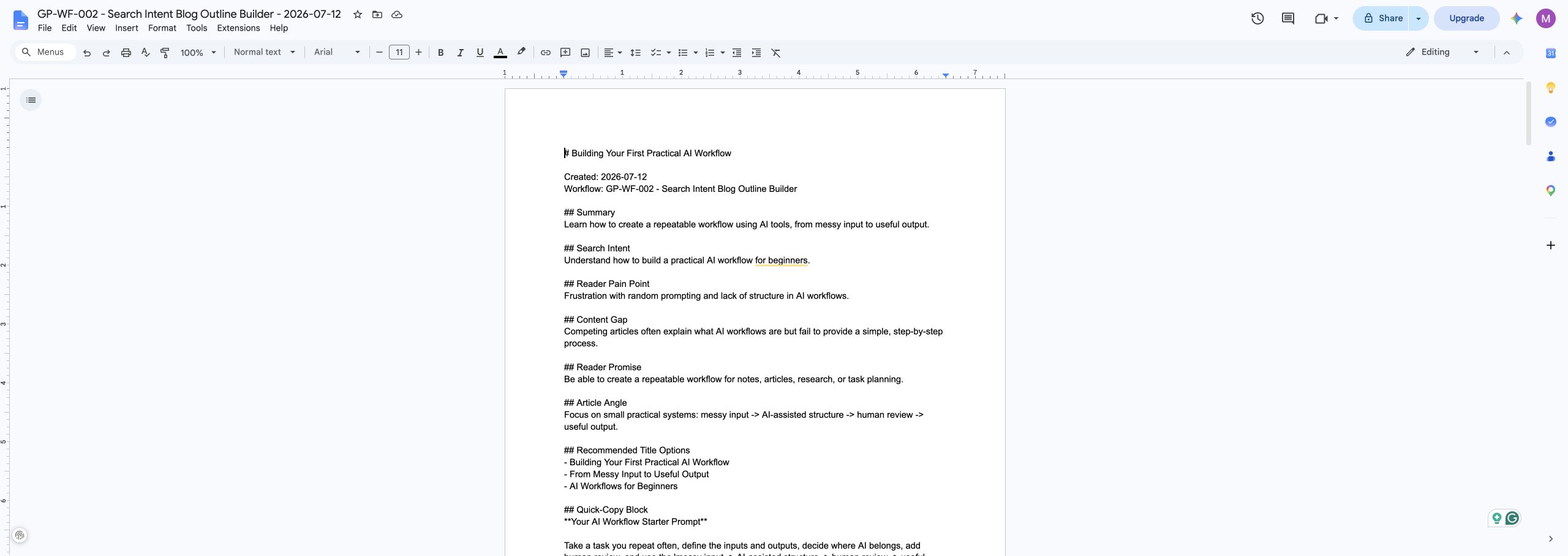Google Docs output created by the Search Intent Blog Outline Builder n8n workflow