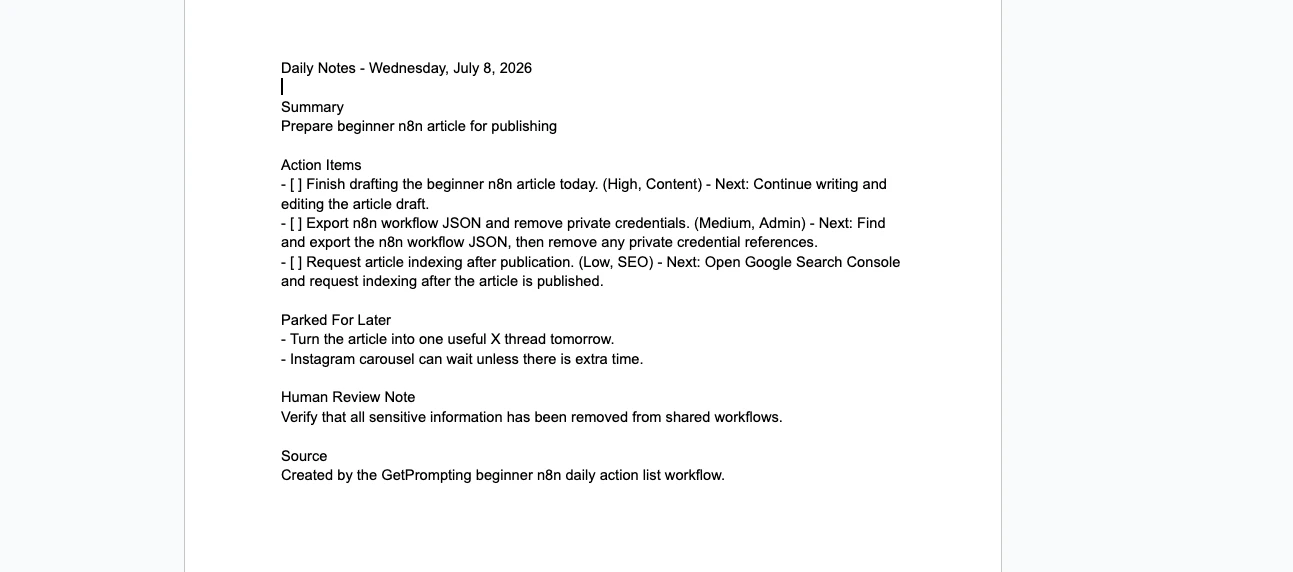 Finished Google Doc daily action brief created by n8n