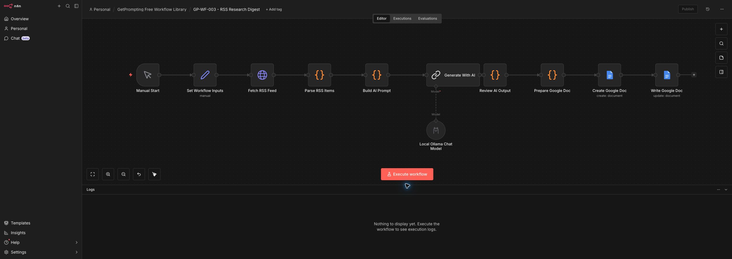 Full n8n workflow canvas for the RSS Research Digest