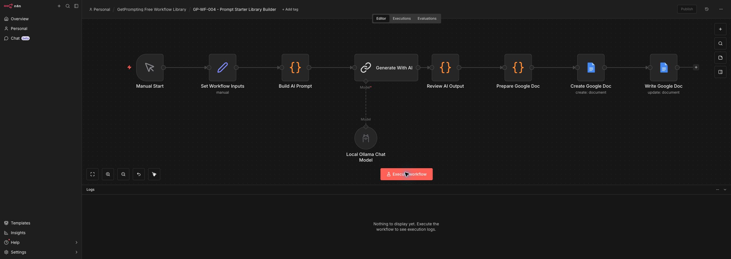 Full n8n workflow canvas for the Prompt Starter Library Builder