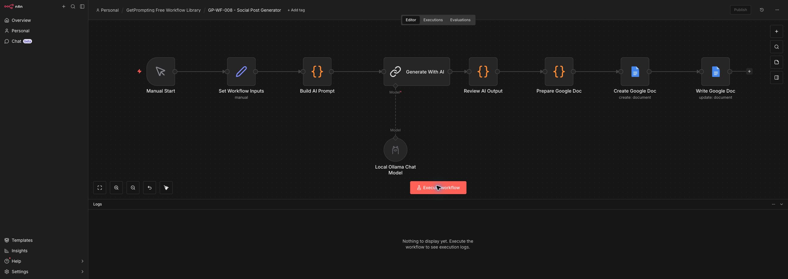 Full n8n workflow canvas for the Social Post Generator