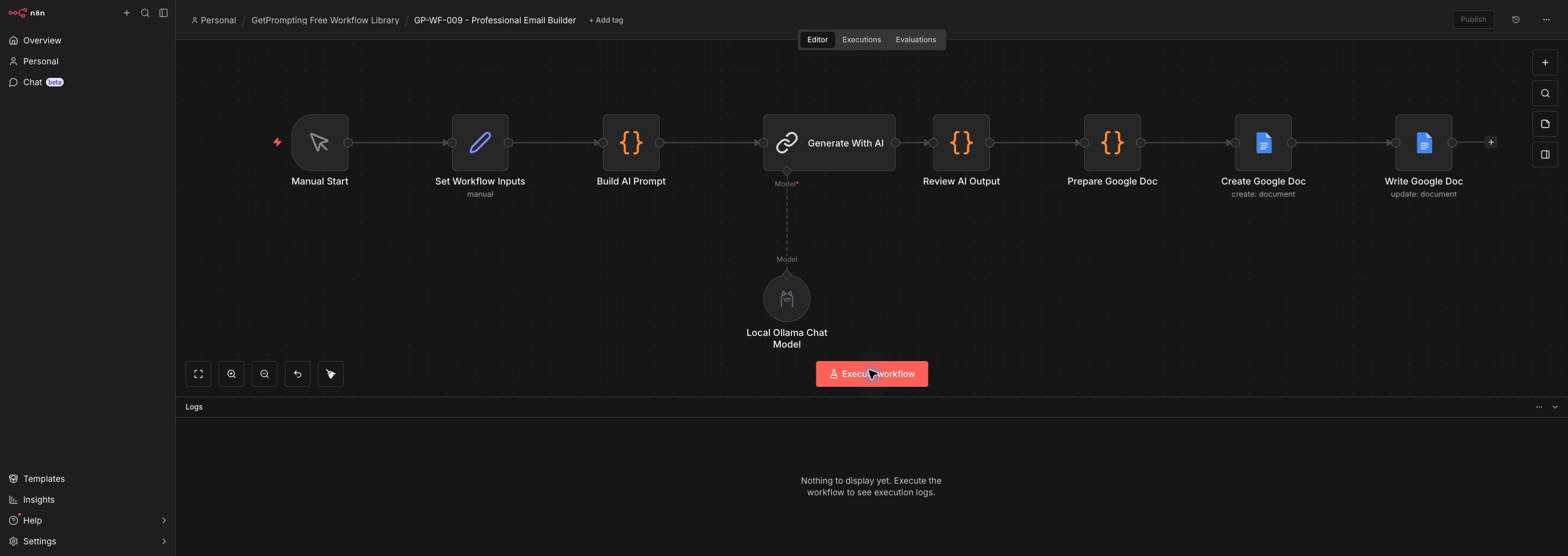 Full n8n workflow canvas for the Professional Email Builder