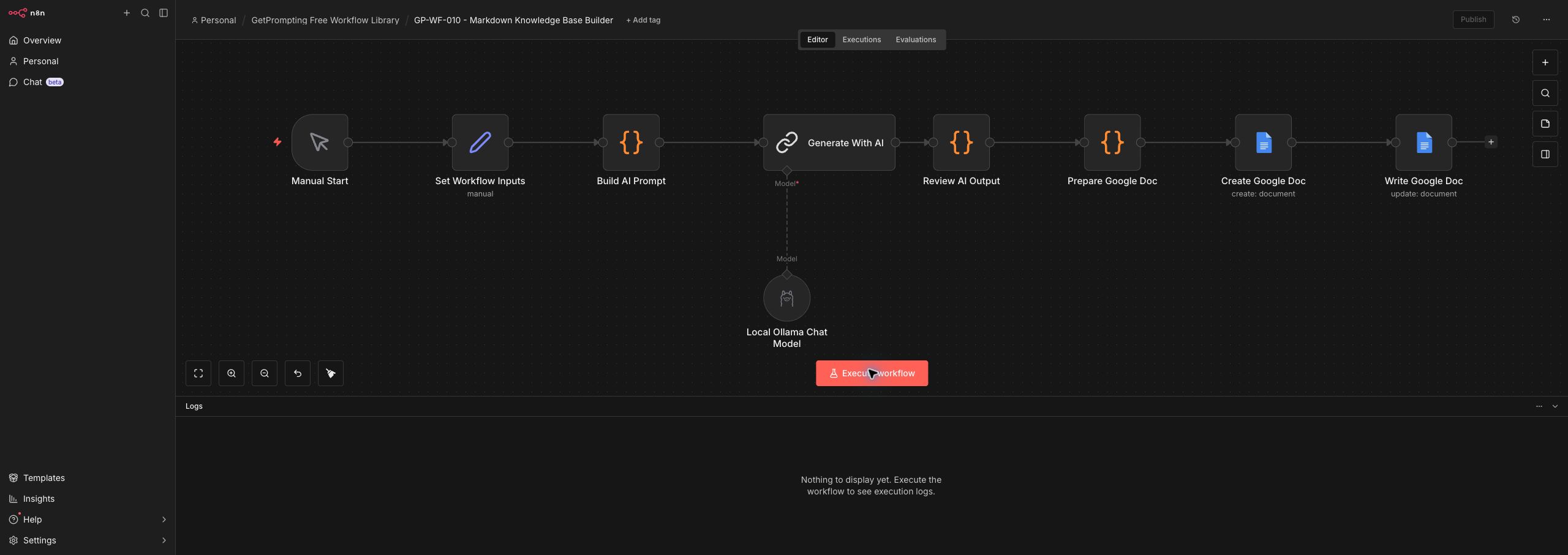 Full n8n workflow canvas for the Markdown Knowledge Base Builder