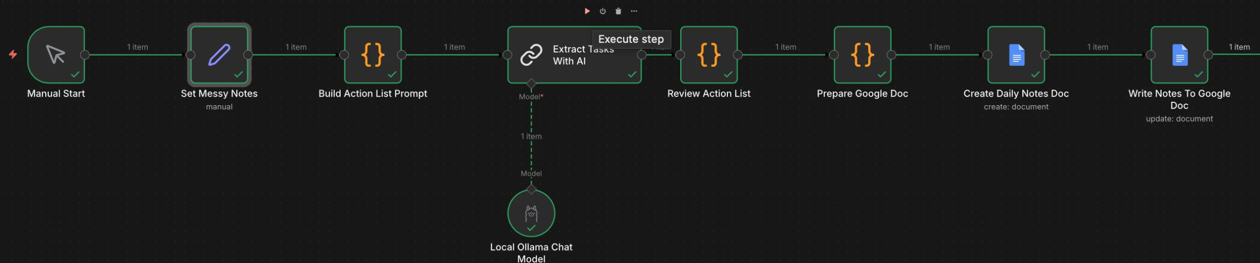 Full n8n workflow canvas for the Daily Action Brief Builder