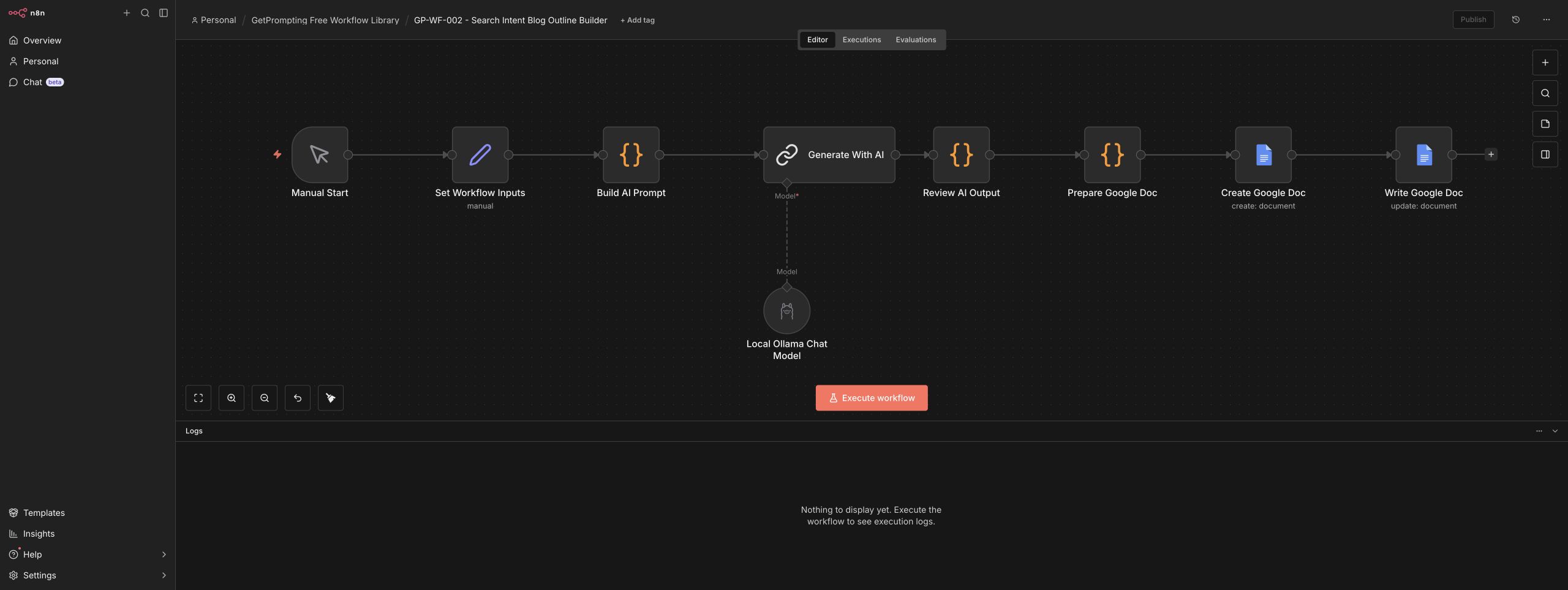 Full n8n workflow canvas for the Search Intent Blog Outline Builder