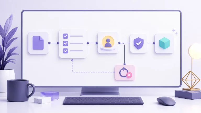 Abstract AI workflow stages leading to a human review checkpoint