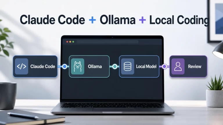 GetPrompting feature image showing Claude Code connected to Ollama and a local model with a human review checkpoint.