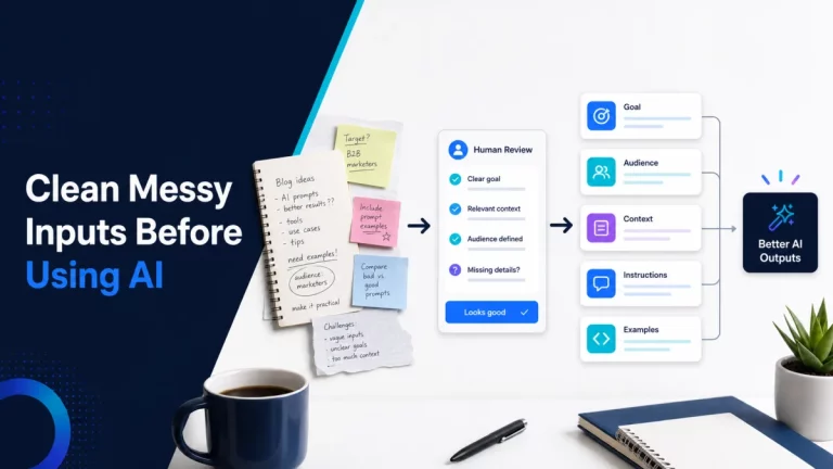 Messy notes moving through a human review checkpoint into structured AI prompt blocks