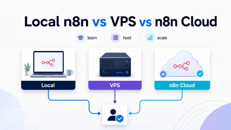 GetPrompting feature image comparing local n8n, VPS hosting, and n8n Cloud as three workflow hosting paths