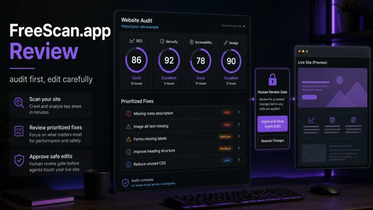 Dark website audit dashboard showing SEO security accessibility and design scores with a human review gate before agent edits
