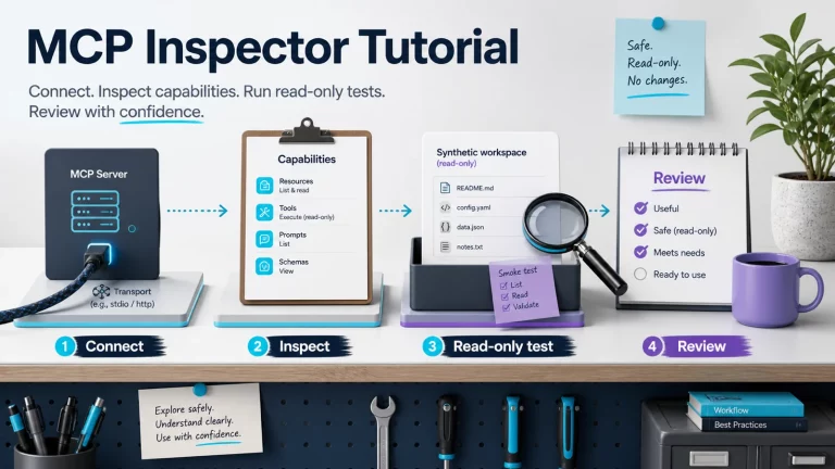 MCP Inspector tutorial workbench showing connect, inspect, read-only test, and review steps.