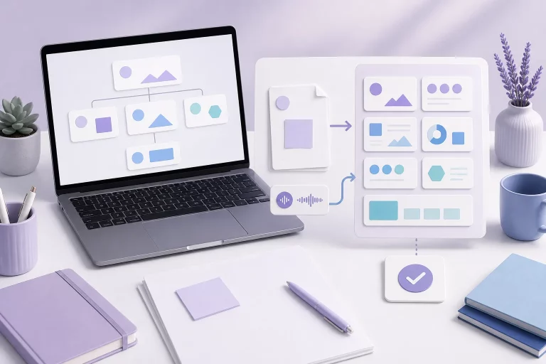 Calm purple and blue workflow workspace showing voice-note and meeting-note inputs being organized into a structured slide-deck outline with a human review checkpoint.