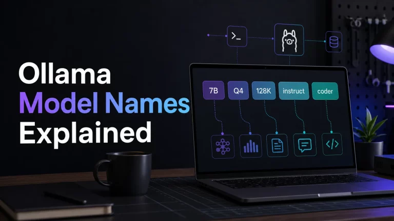 Ollama model names explained feature image showing model tags for 7B, Q4, context, instruct, and coder