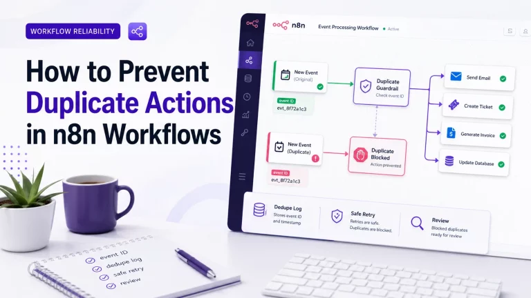 Feature image for a GetPrompting guide about preventing duplicate actions in n8n workflows