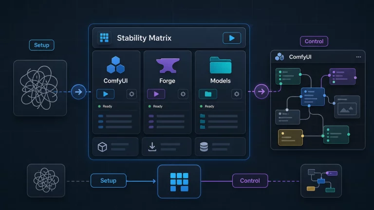 GetPrompting feature image showing Stability Matrix organizing ComfyUI, Forge, and local AI model folders while ComfyUI provides deeper node control.