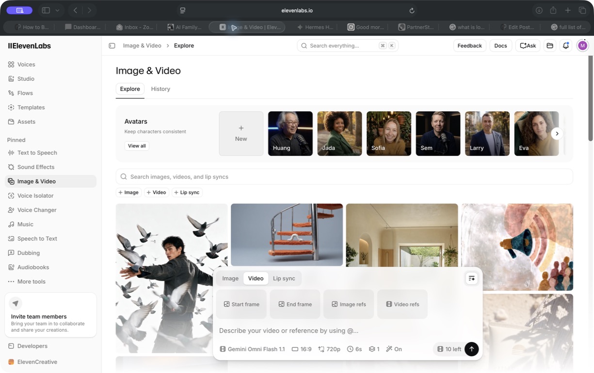 ElevenLabs Image and Video workspace showing the avatar section and image, video, and lip-sync creation controls.