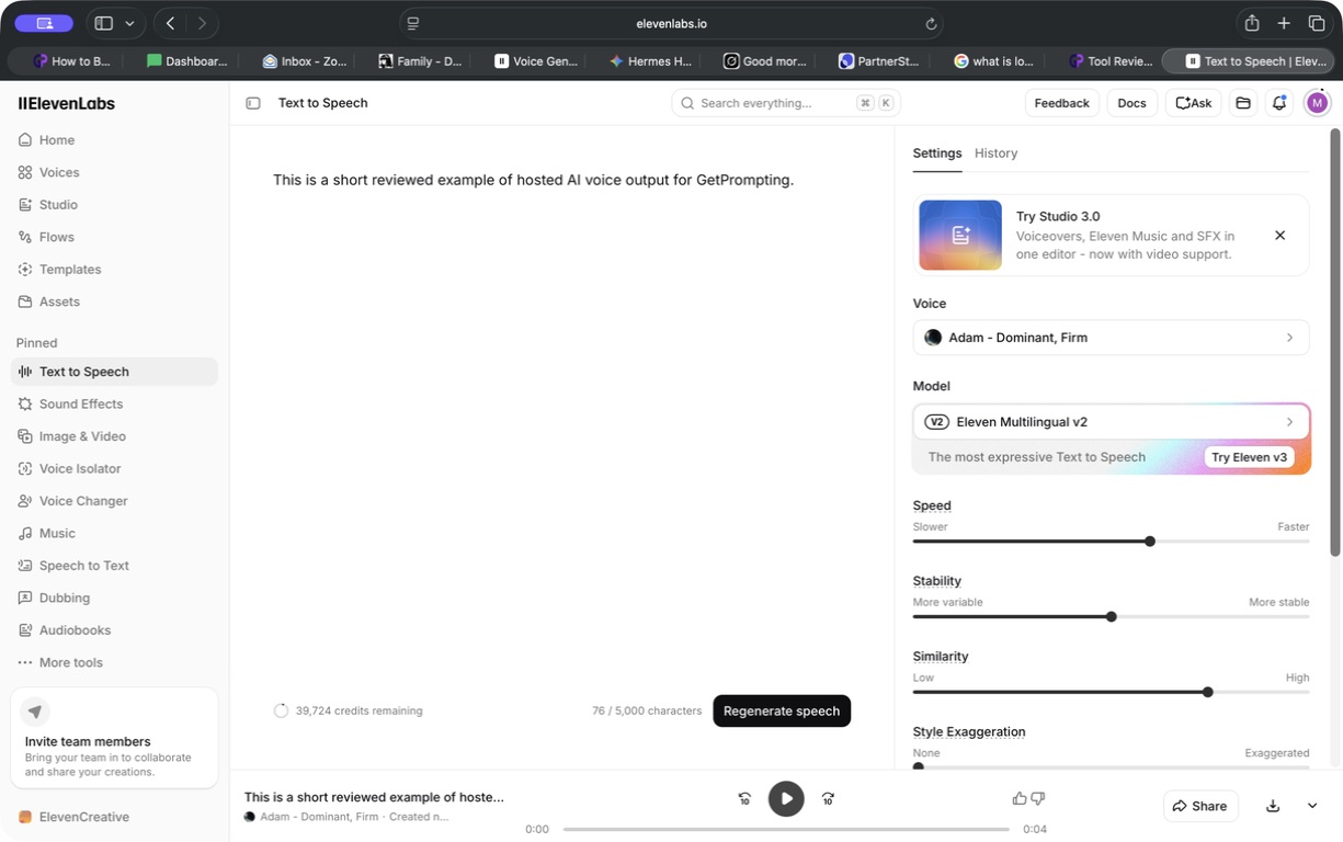 ElevenLabs text-to-speech workspace showing a generated sample with the Adam voice and Eleven Multilingual v2 selected.