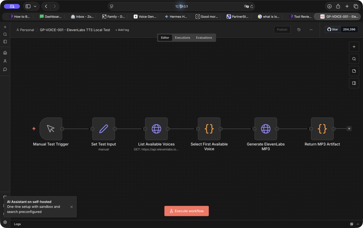 n8n workflow canvas showing a manual trigger, text input, voice lookup, voice selection, ElevenLabs MP3 generation, and MP3 artifact return.