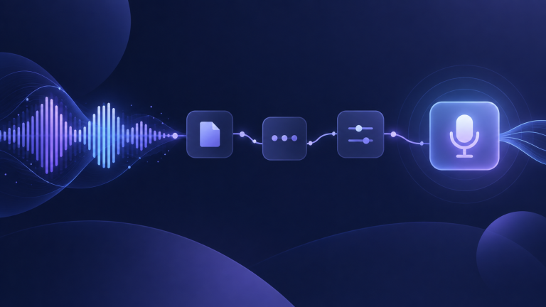 Abstract hosted voice-generation workflow moving through a human approval checkpoint.