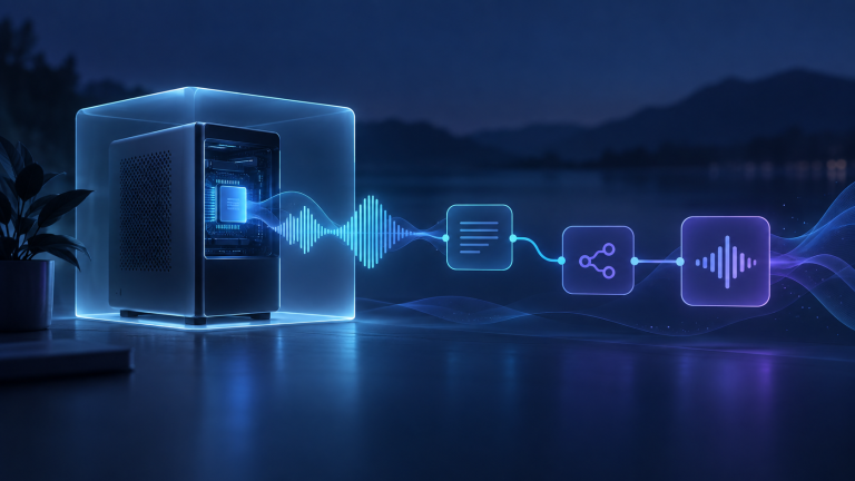 Qwen TTS with n8n shown as a calm purple and blue local workflow moving from automation to an audio waveform